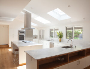 Airy bright kitchen with skylights